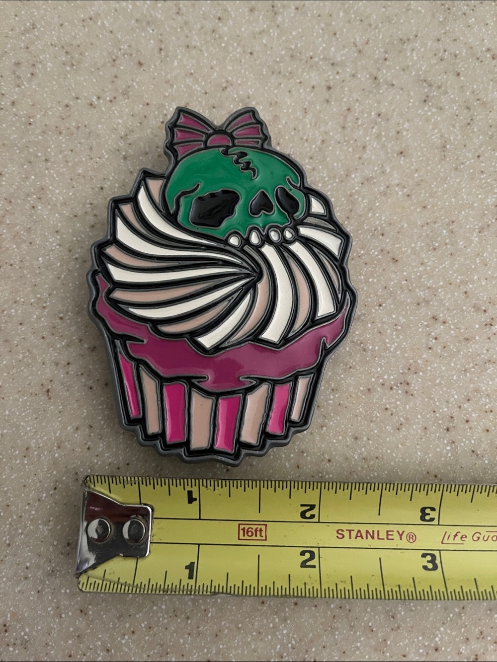 Green Skull Cupcake Enamel Belt Buckle - Pink & White Kreepville punk rock
